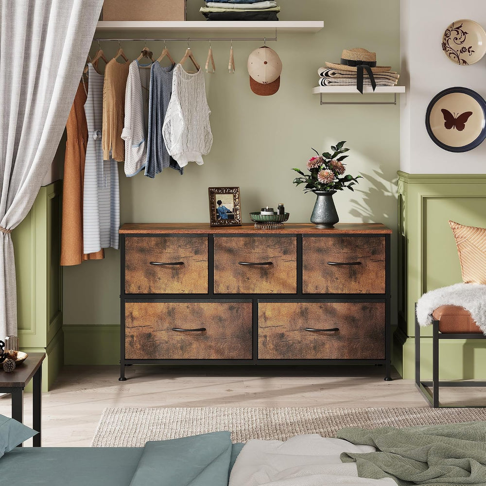 WLIVE Wide Dresser for Bedroom, 5 Drawer Chest of Drawers, Rustic Brown