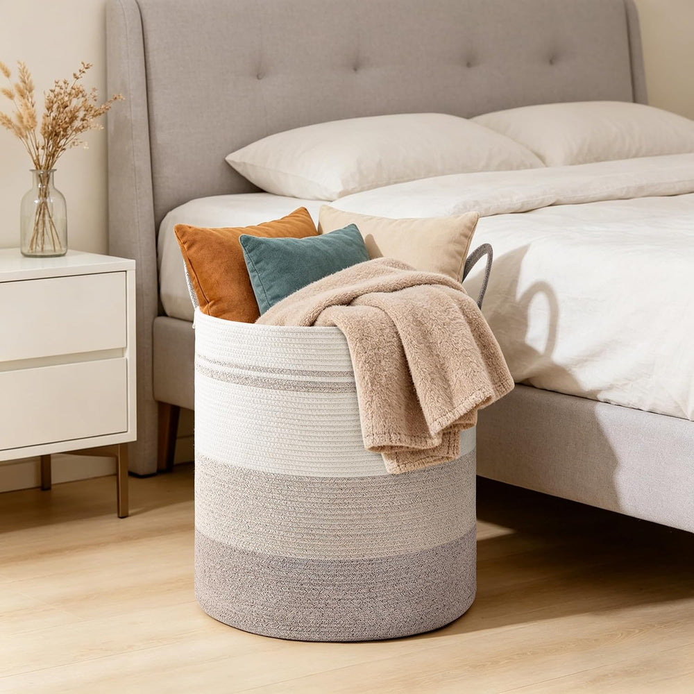 100L Extra Large Tall Cotton Rope Laundry Basket with Handle, Brown Striped