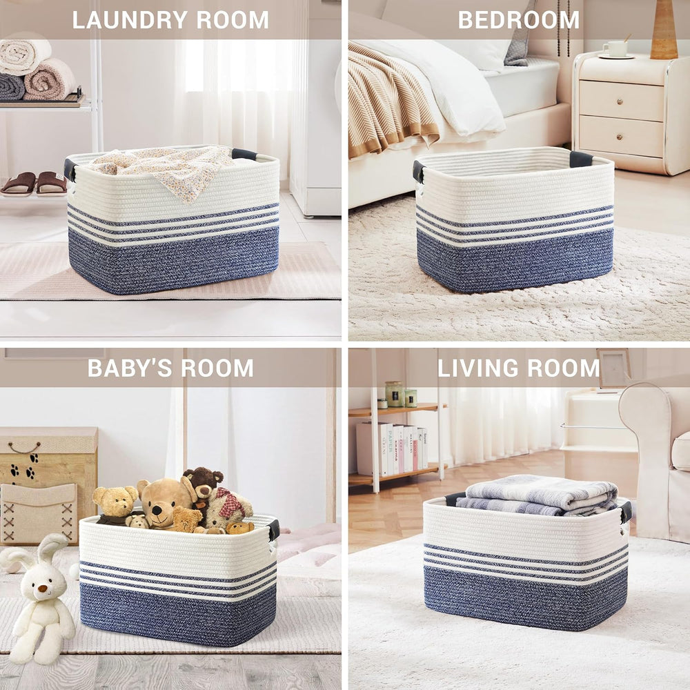 72L Woven Laundry Basket Hamper with Leather Handles,Denim Blue