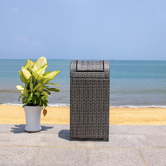 SAFAVIEH Outdoor Collection Mazeli Grey Brown Woven Swing Top Dome Lid Trash - Image 2