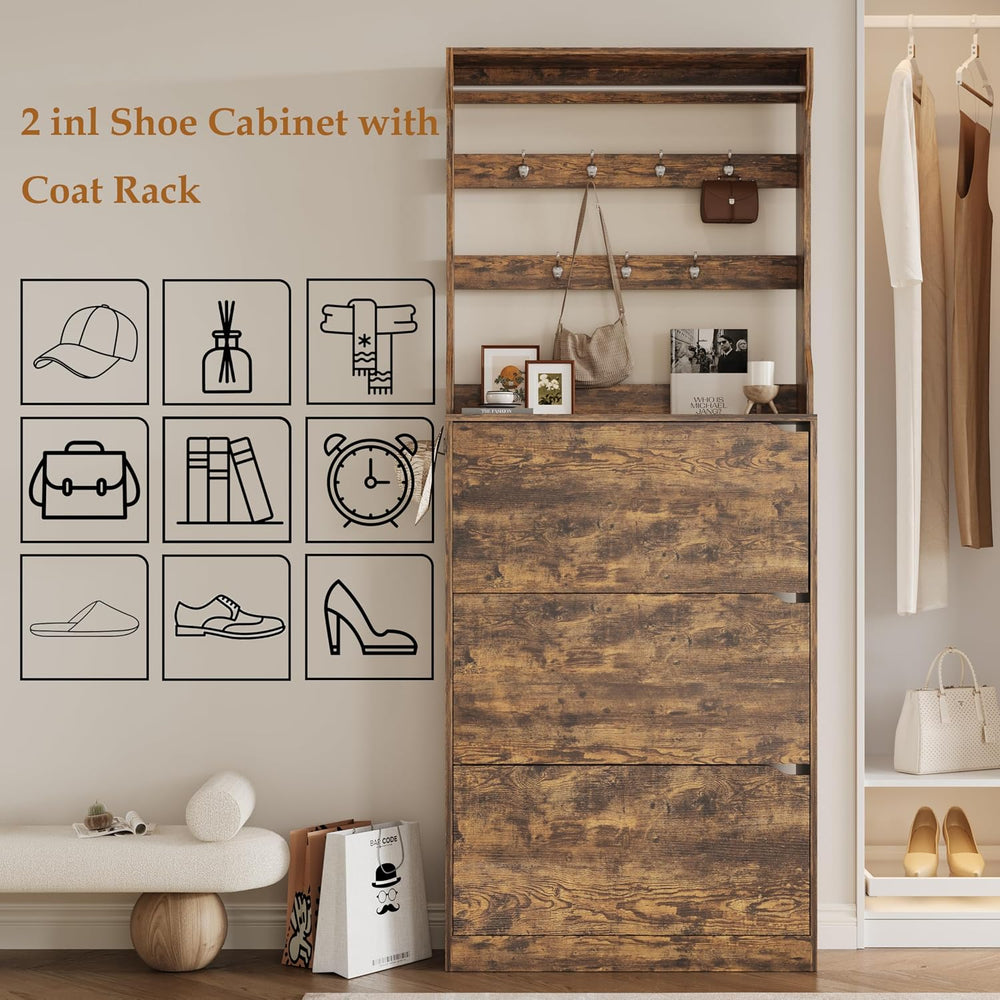 Wodeer Tall Shoe Cabinet with Coat Rack, Hidden Shoe Storage Cabinet with Doo...