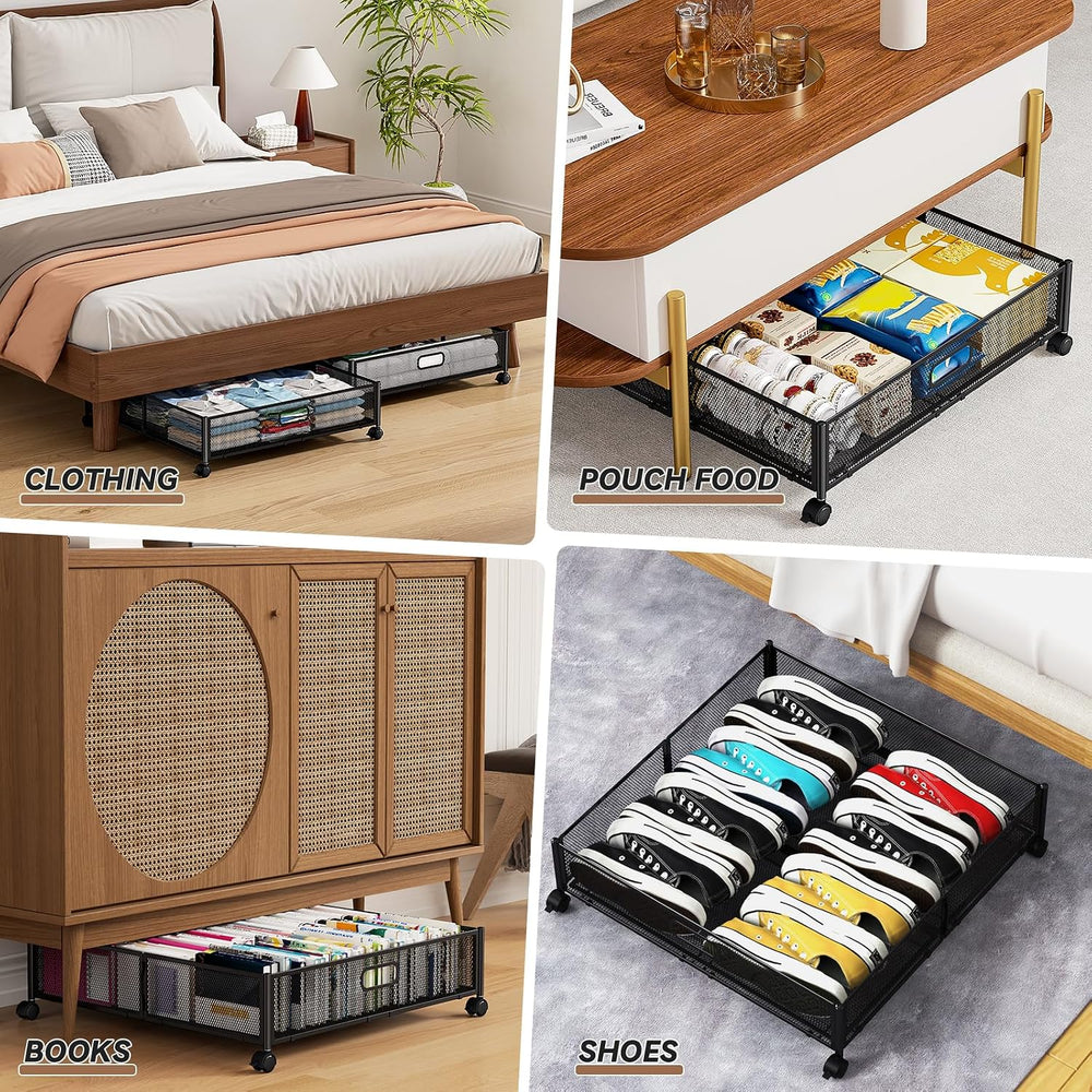 PHINOX Under Bed Storage with Wheels & Handle,Metal,Large,4 Pack,Black