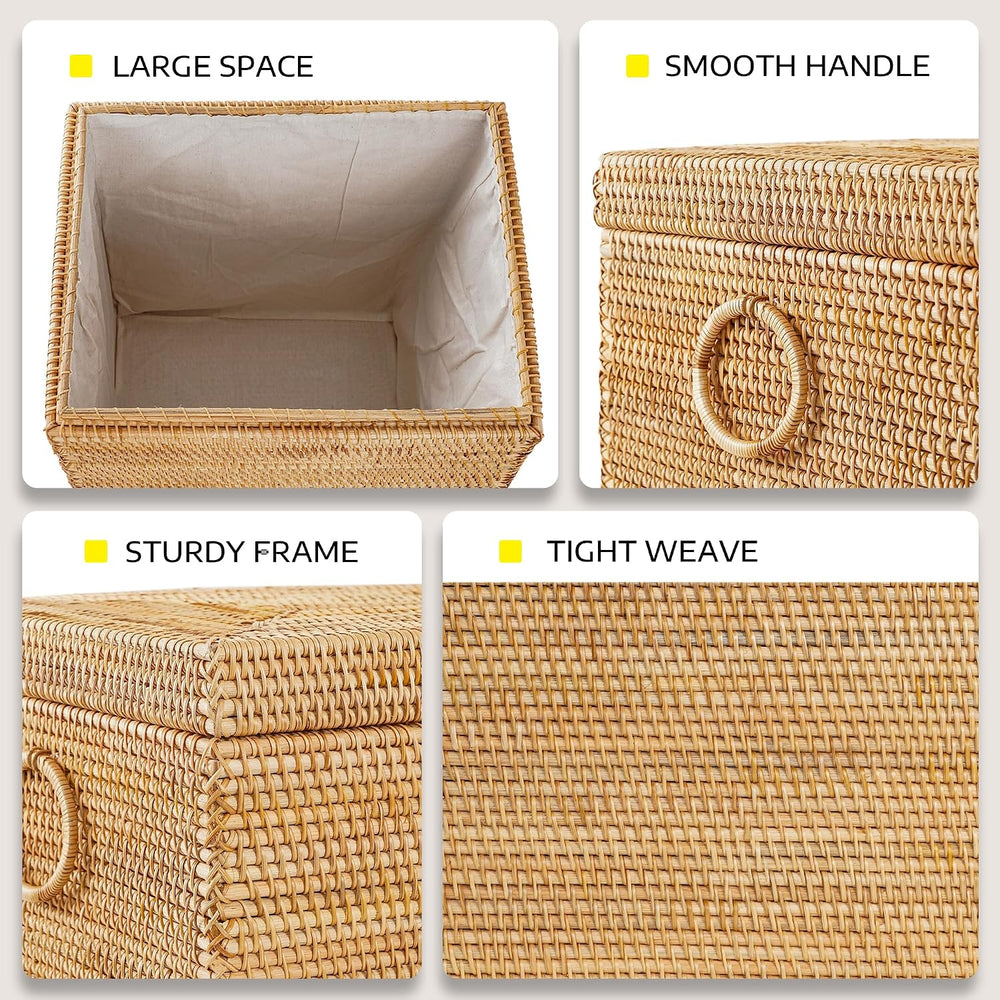 Rectangular Woven Laundry Basket with Lid, Handwoven Natural Autumn Rattan De...