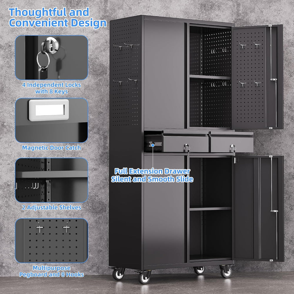 71-Inch Garage Storage Cabinet with 2 Drawers, Pegboard and Wheels