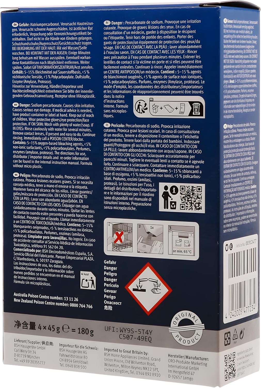 Bosch 312477 Dishwasher Cleaner – 1 Pack of 4 Bags (Total: 6.4 oz / 180g, Each 1.6 oz / 45g) – Removes Limescale & Grease | Improves Performance & Extends Appliance Life