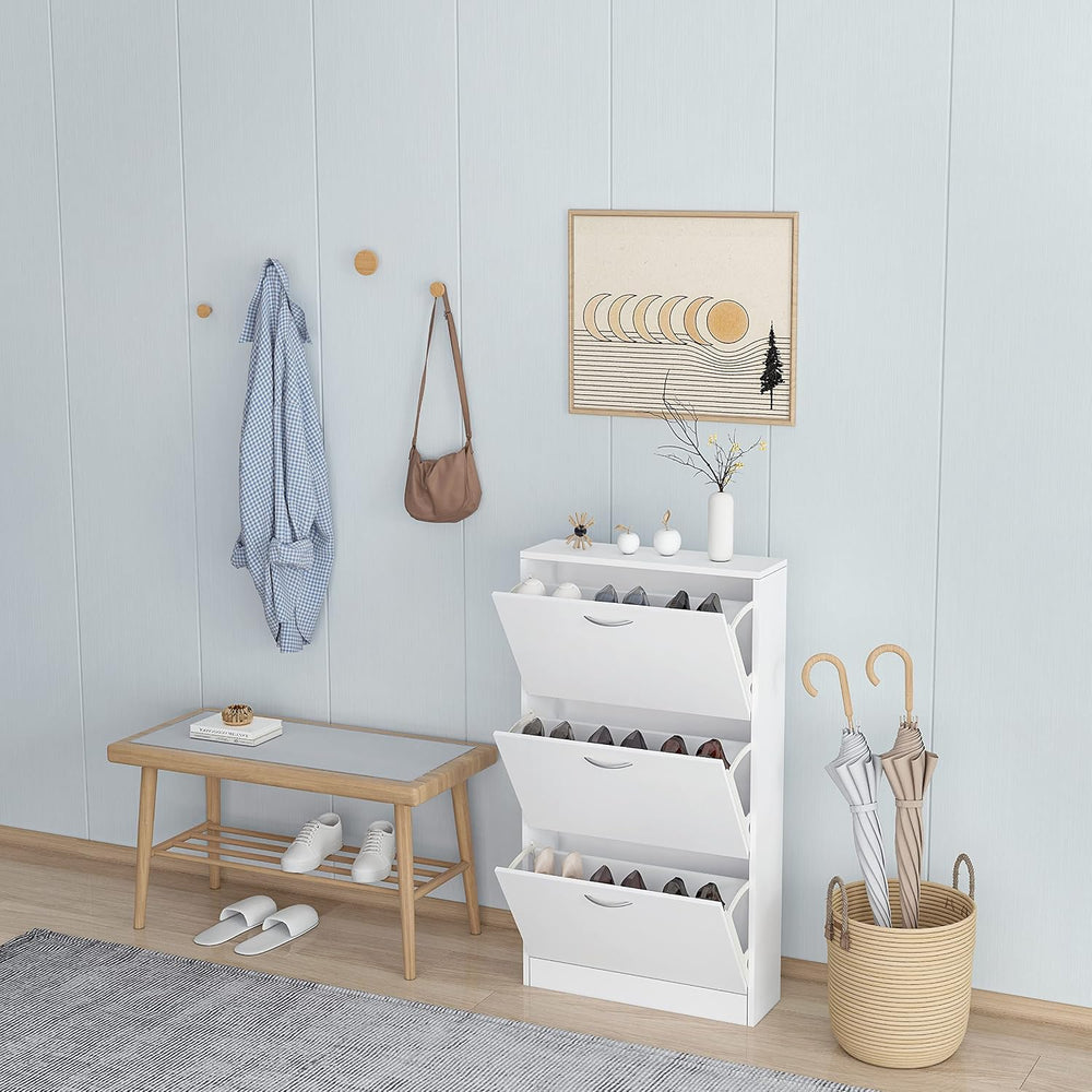 Karl home White Narrow Entryway Shoe Cabinet, 3 Flip Drawer Shoe Rack