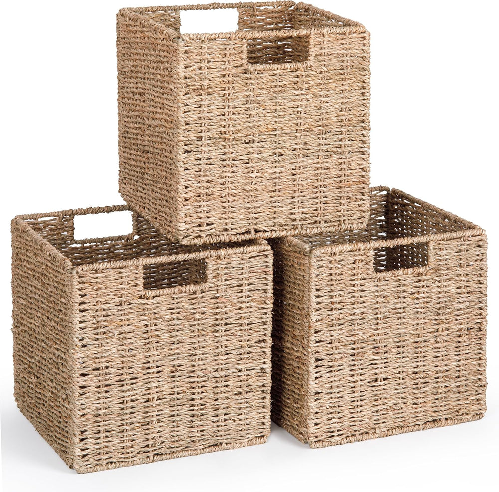 10.5 x 10.5in Cube Seagrass Storage Baskets, Foldable Square Wicker Storage B...