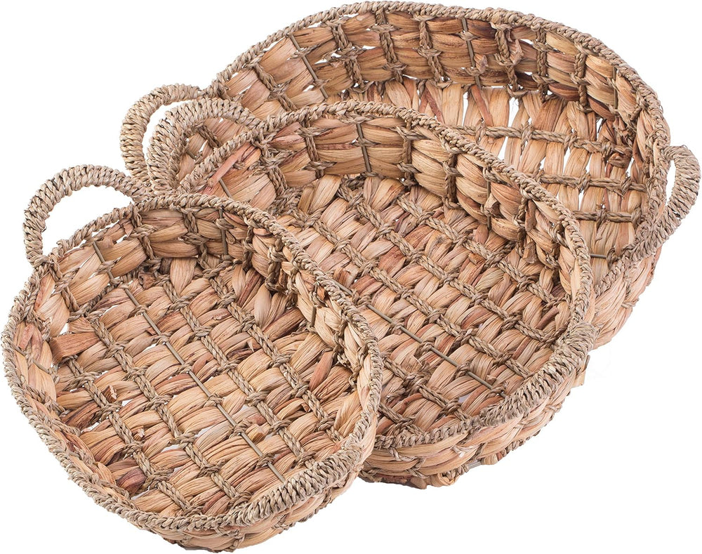 Seagrass Rattan Tray Set of 3 – Round and Rectangular Wicker Shallow Baskets ...
