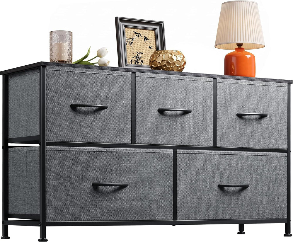 WLIVE Wide Dresser for Bedroom, 5 Drawer Chest of Drawers, Dark Grey