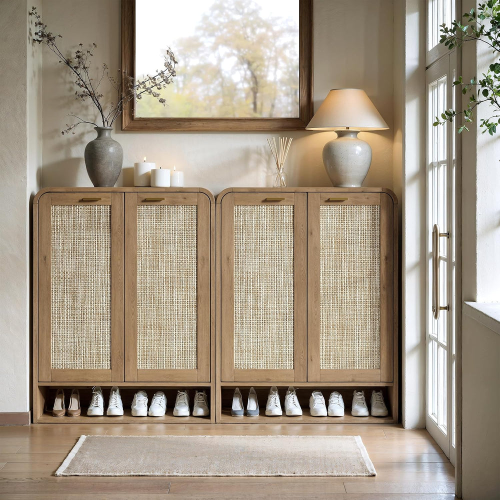 Evermagin 41 Inch Rattan Shoe Storage Cabinet Holds 24 Pairs, Caramel Oak