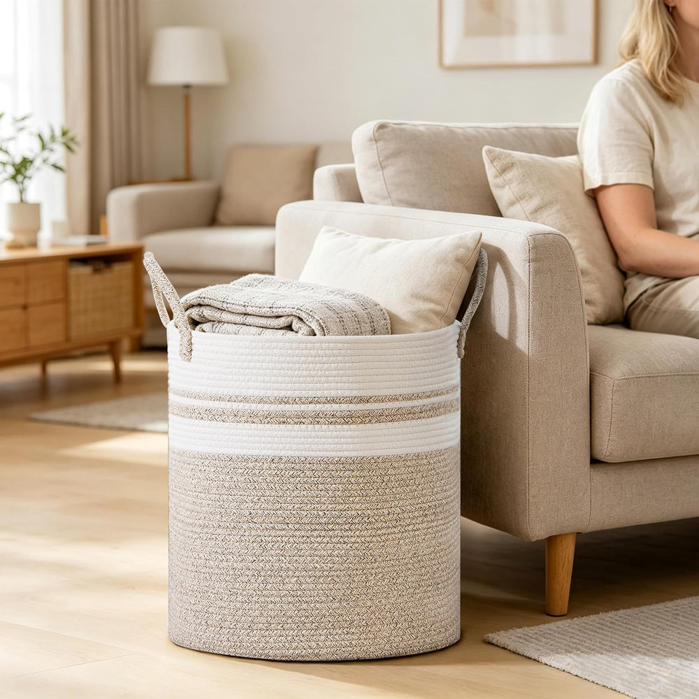 100L Extra Large Tall Cotton Rope Laundry Basket with Handle, Brown Striped