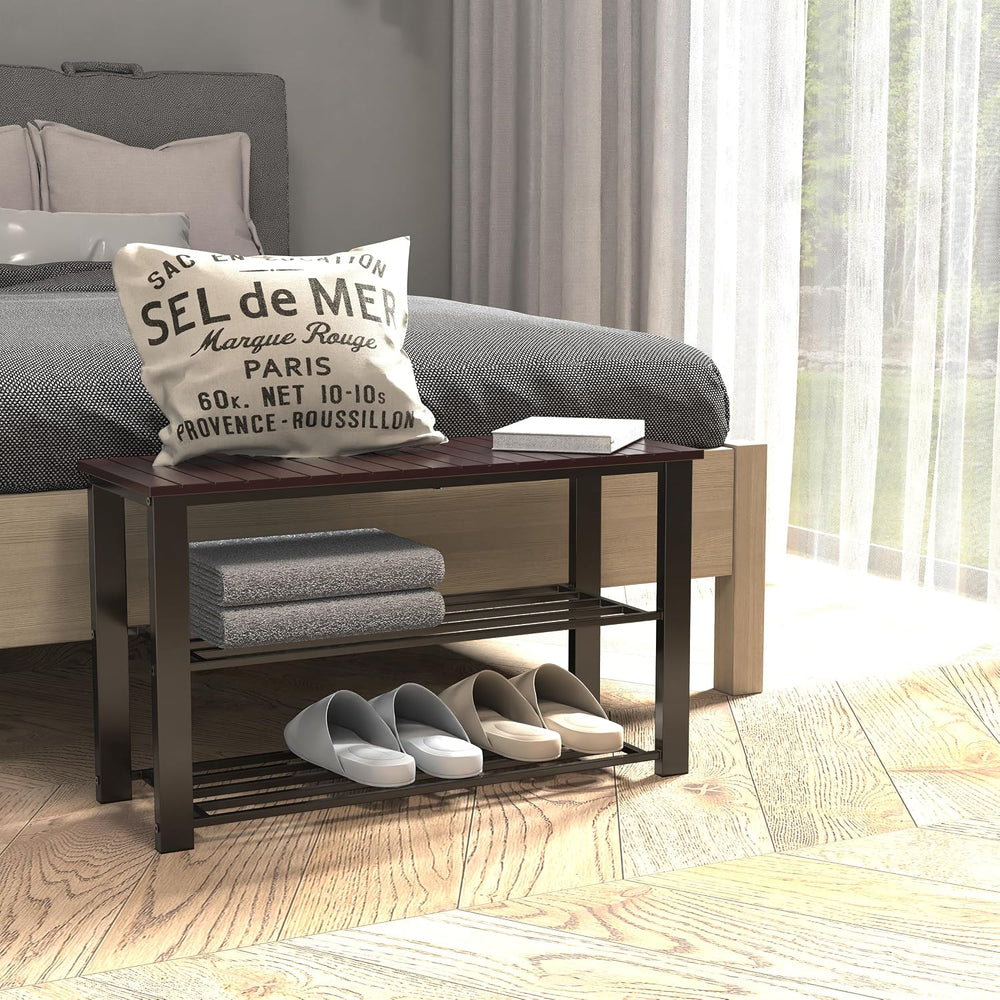 Simple Houseware Wooden Top Shoe Rack Bench for Entryway, Dark Brown