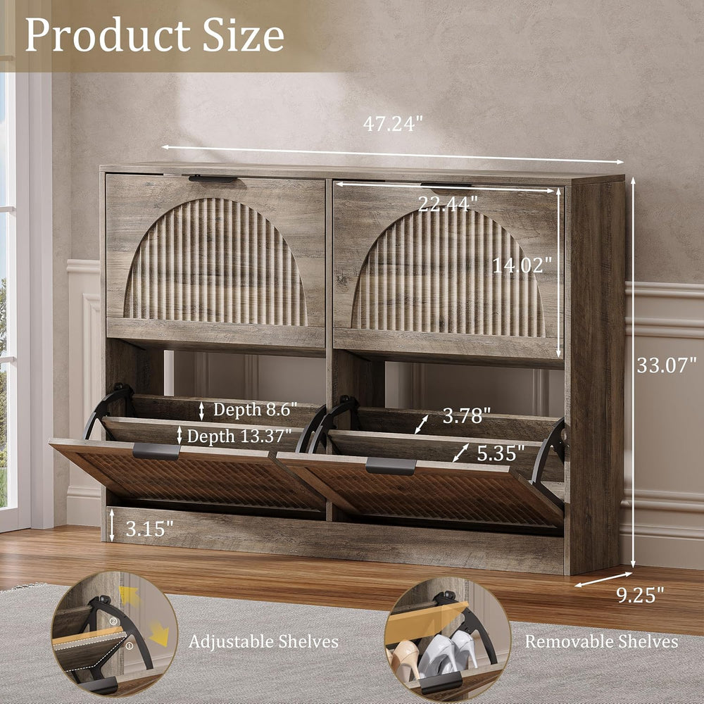 Fluted Shoe Storage Cabinet for Entryway, 4 Flip Drawers, Grey