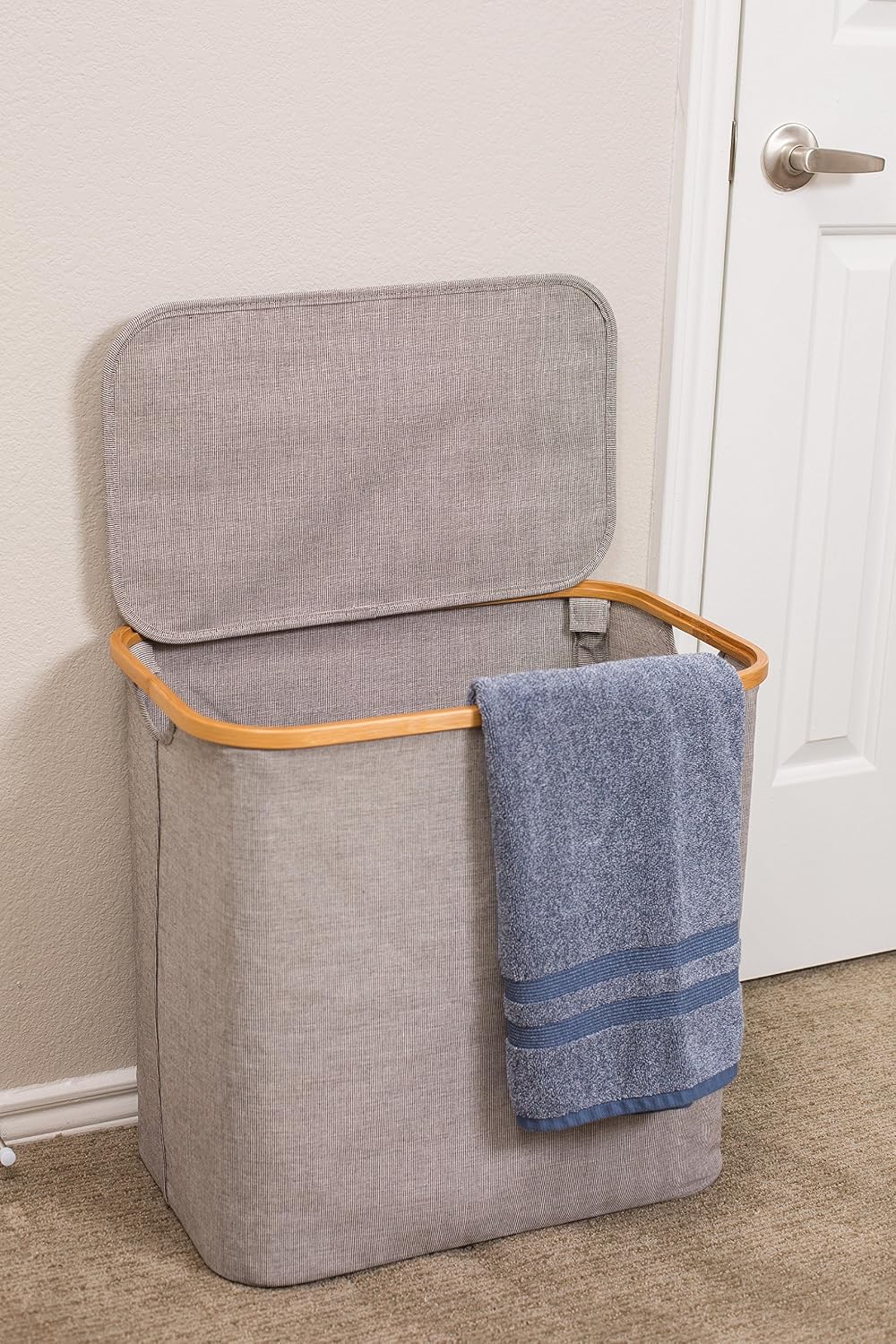 BirdRock Home Bamboo & Canvas Hamper | Single Laundry Basket with Lid | F...
