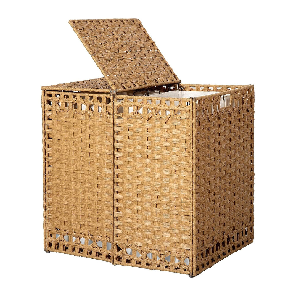 130L Foldable Laundry Hamper with Lid - Handwoven Rattan Storage Basket, 2-Se...