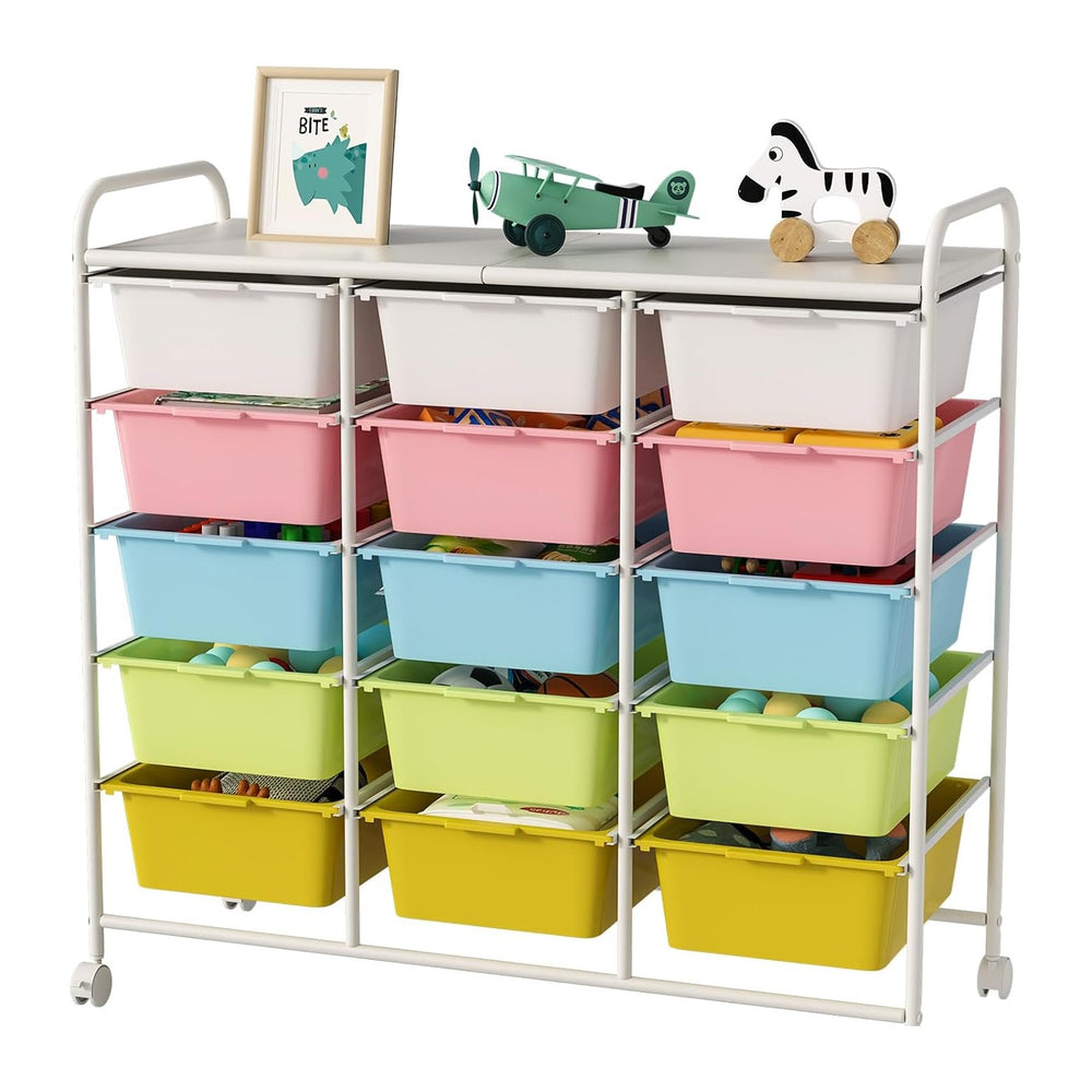15 Drawers Rolling Cart With Wheels, Plastic Storage Drawer With Metal Frame
