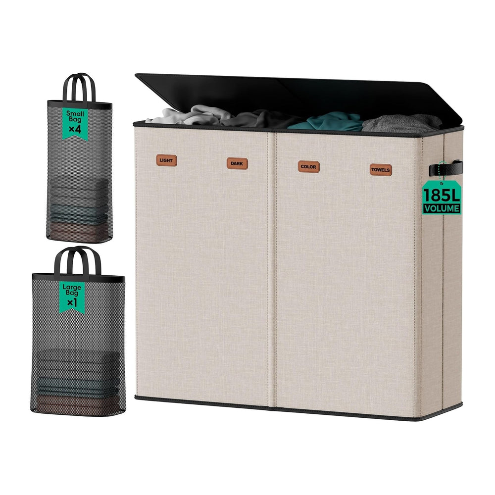 185L Laundry Hamper 4 Section with Lid & Removable Bags