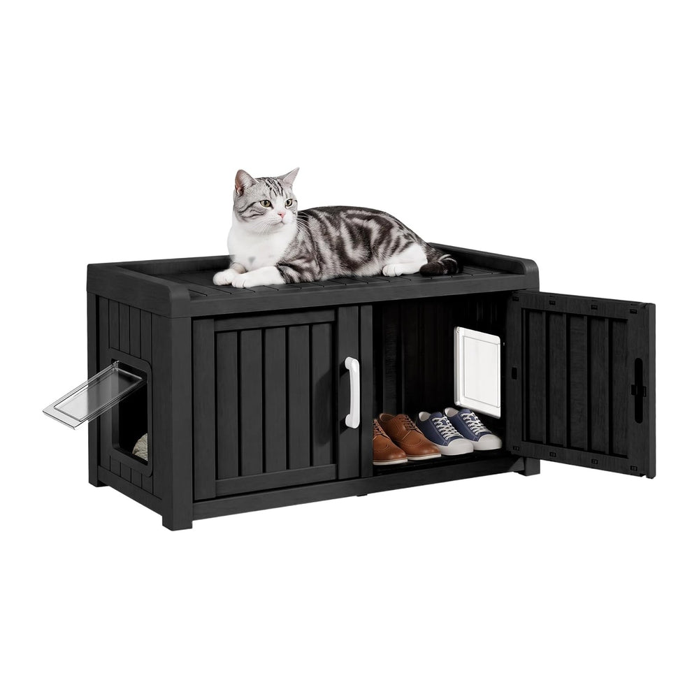 2 Doors Shoe Storage Bench with Cat Cabinet for Entryway, Hallway, Black