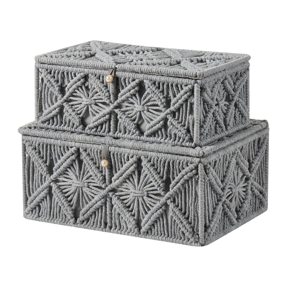 2PCS Decorative Boho Storage Basket with Lid Natural Macrame Box