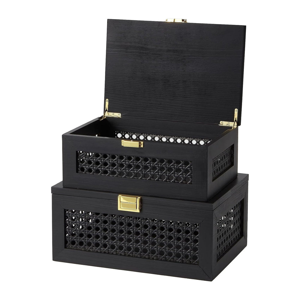 2PCS Decorative Rattan Storage Box Basket with Lid Wooden Frame