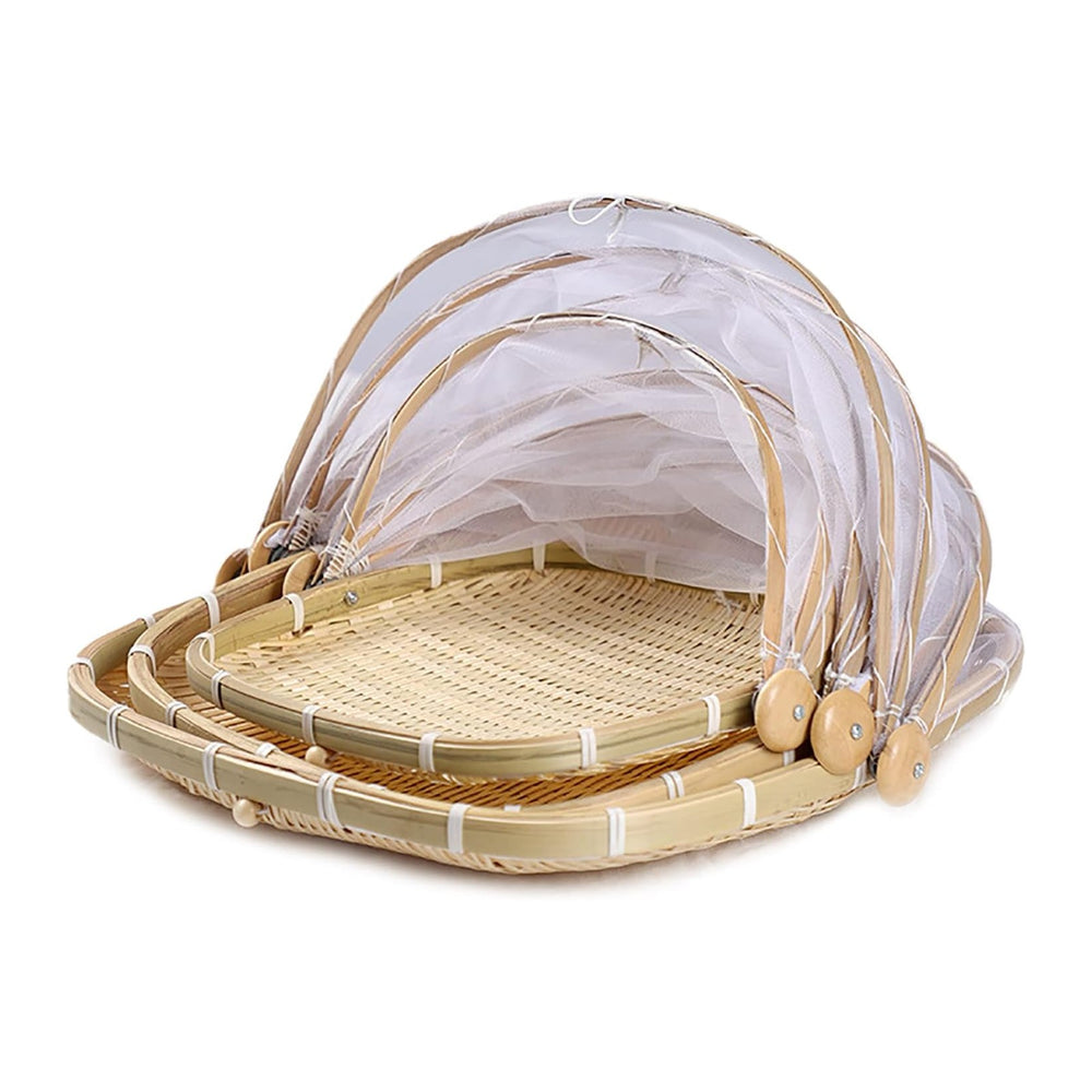 3Pcs Bamboo Food Serving Tent Basket with Cover, Square Hand-Woven Covered Br...
