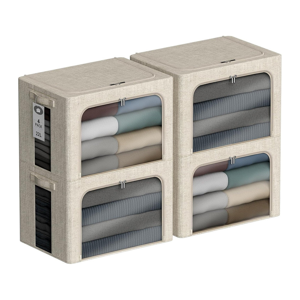 4 Pack Clothes Storage Bins with Metal Frame - 22L Stackable Storage Box with...