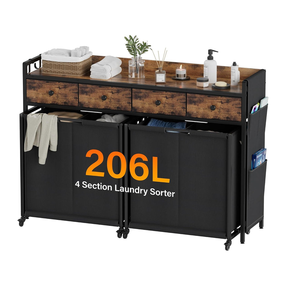 4 Section Rolling Laundry Sorter, Fabric Drawers & Pull-Out Car