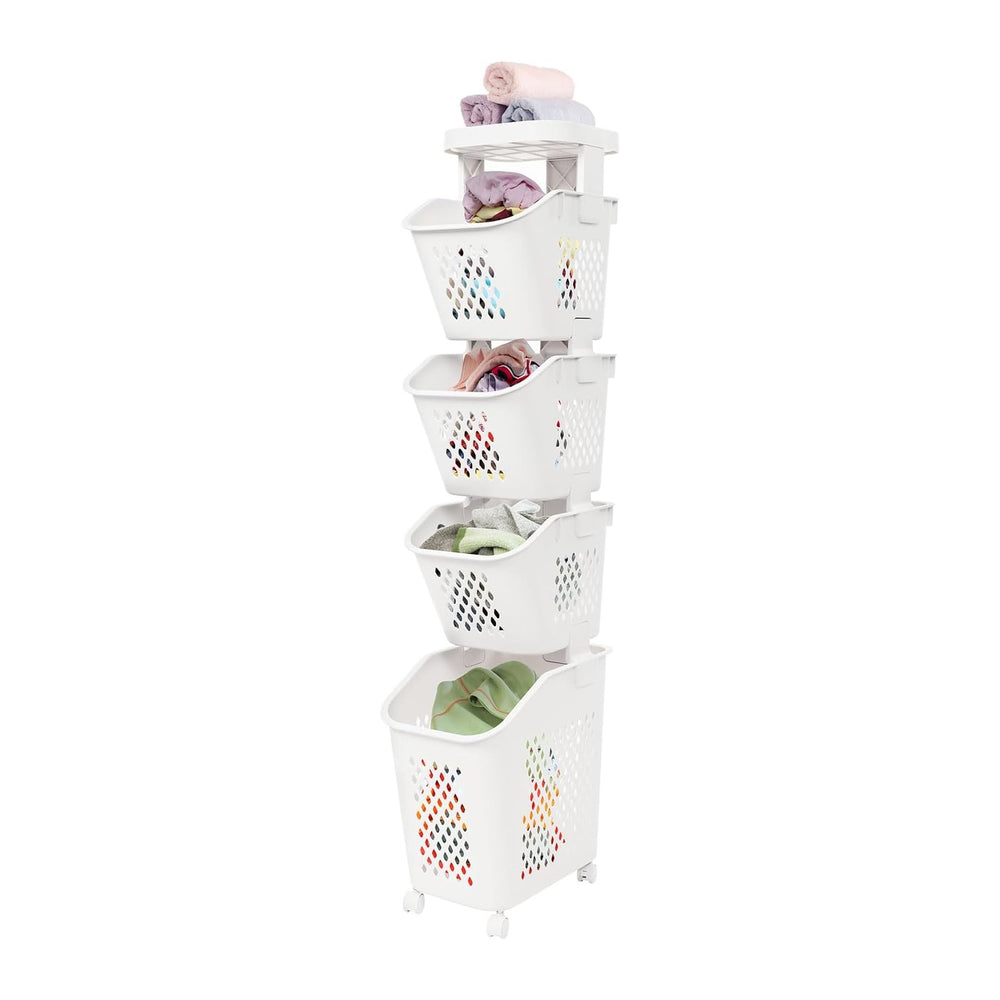 4-Tier Rolling Laundry Hamper, Plastic Laundry Cart Organizer with Wheels, Co...