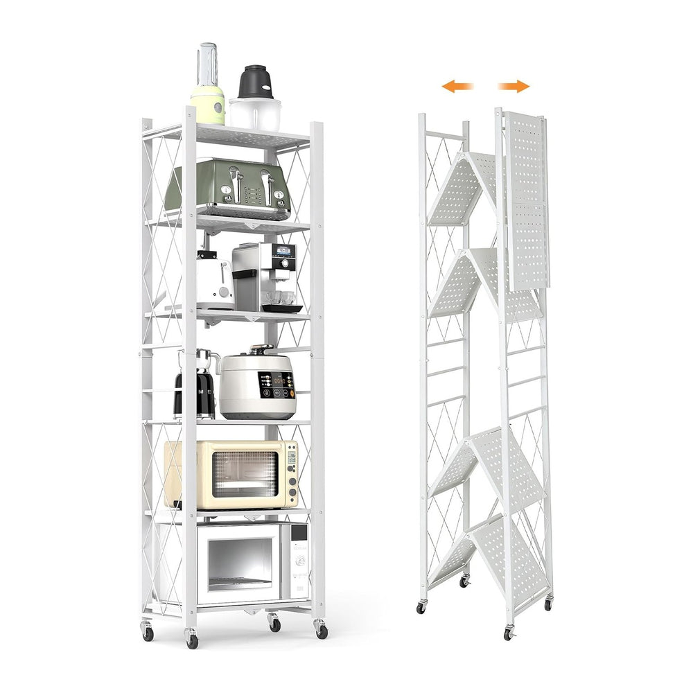 6-Tier Foldable Storage Shelves with Wheels, Folding Metal Shelf Unit
