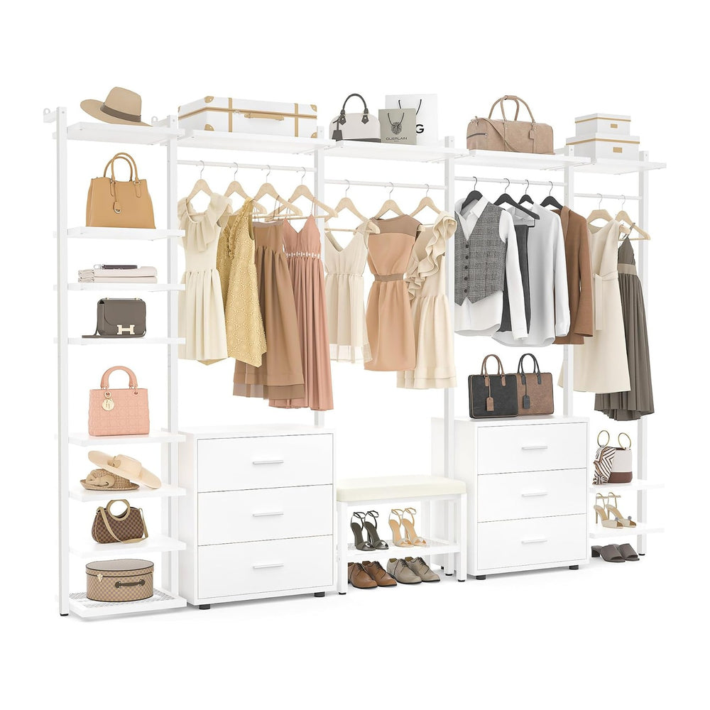 Aheaplus Closet System with 6 Drawers, 8FT Wood Closet Organizer, White