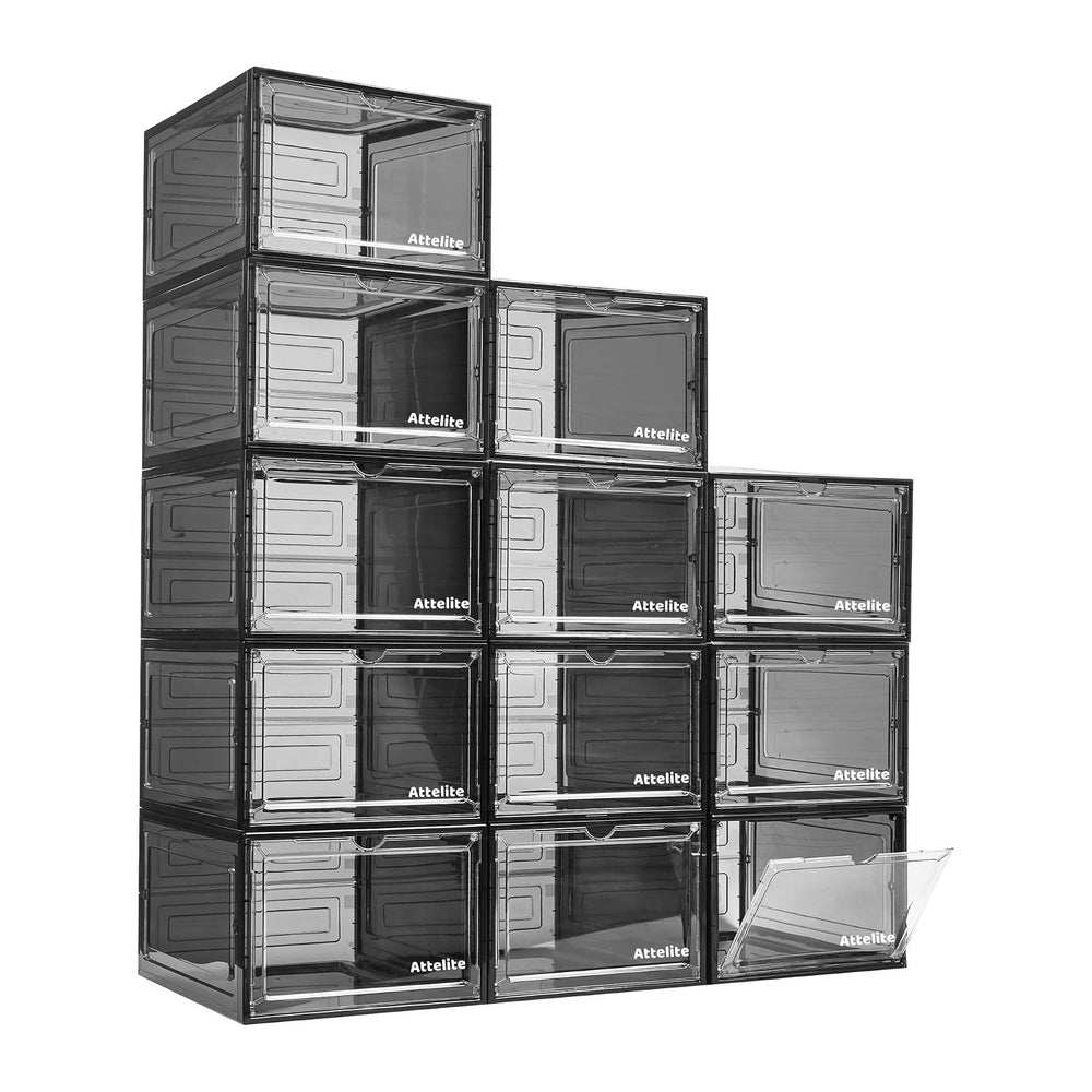 Attelite 12Pack Shoe Boxes Storage Stackable Clear Shoe Organizer Black