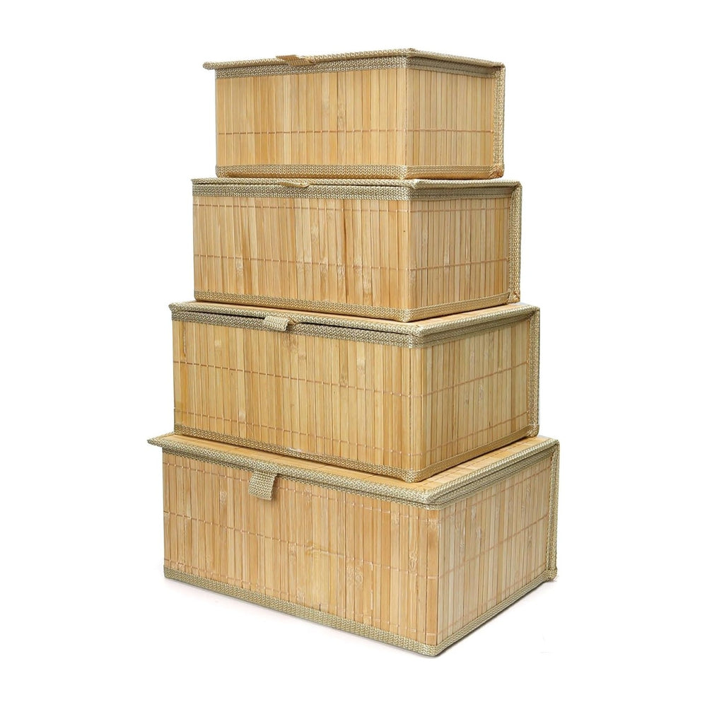 Bamboo Storage Basket with Lid, Stackable Set of 4