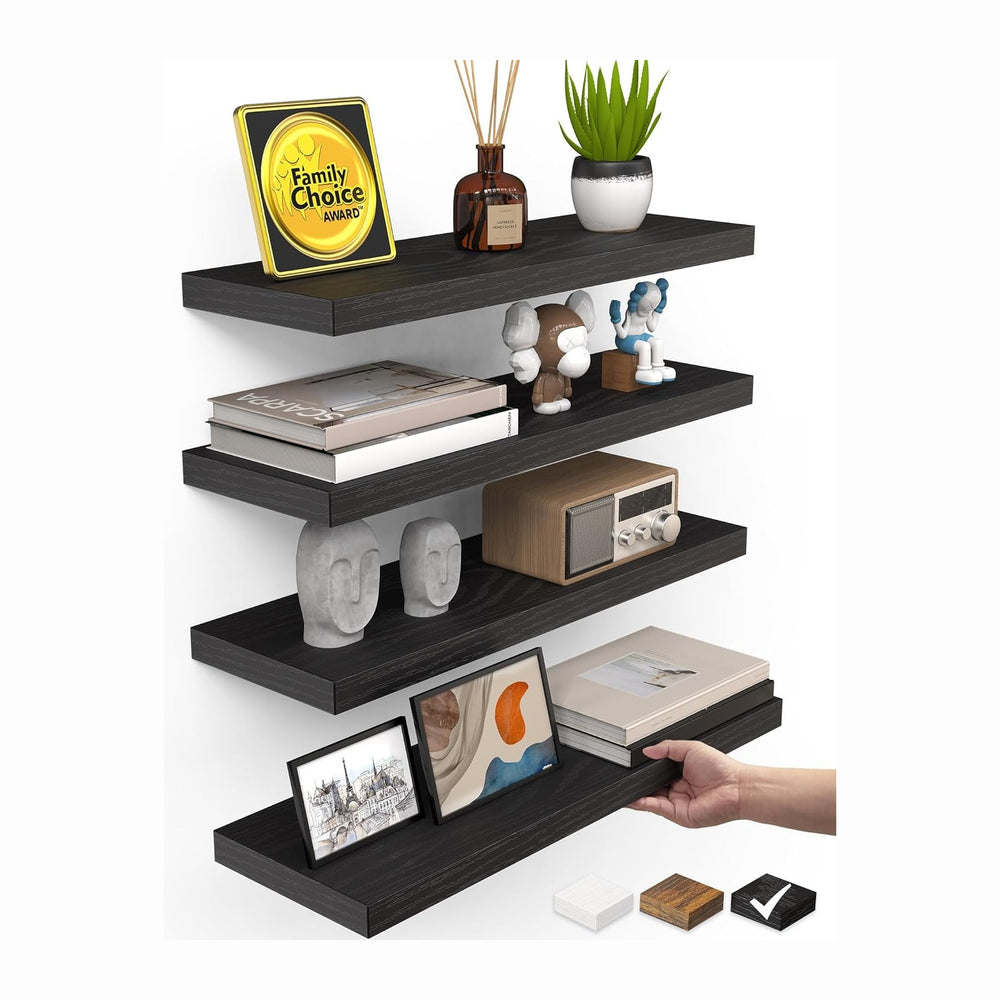 BAYKA Black Floating Shelves 15.7in, Set of 4, Wall Mount Rustic Wood Shelf