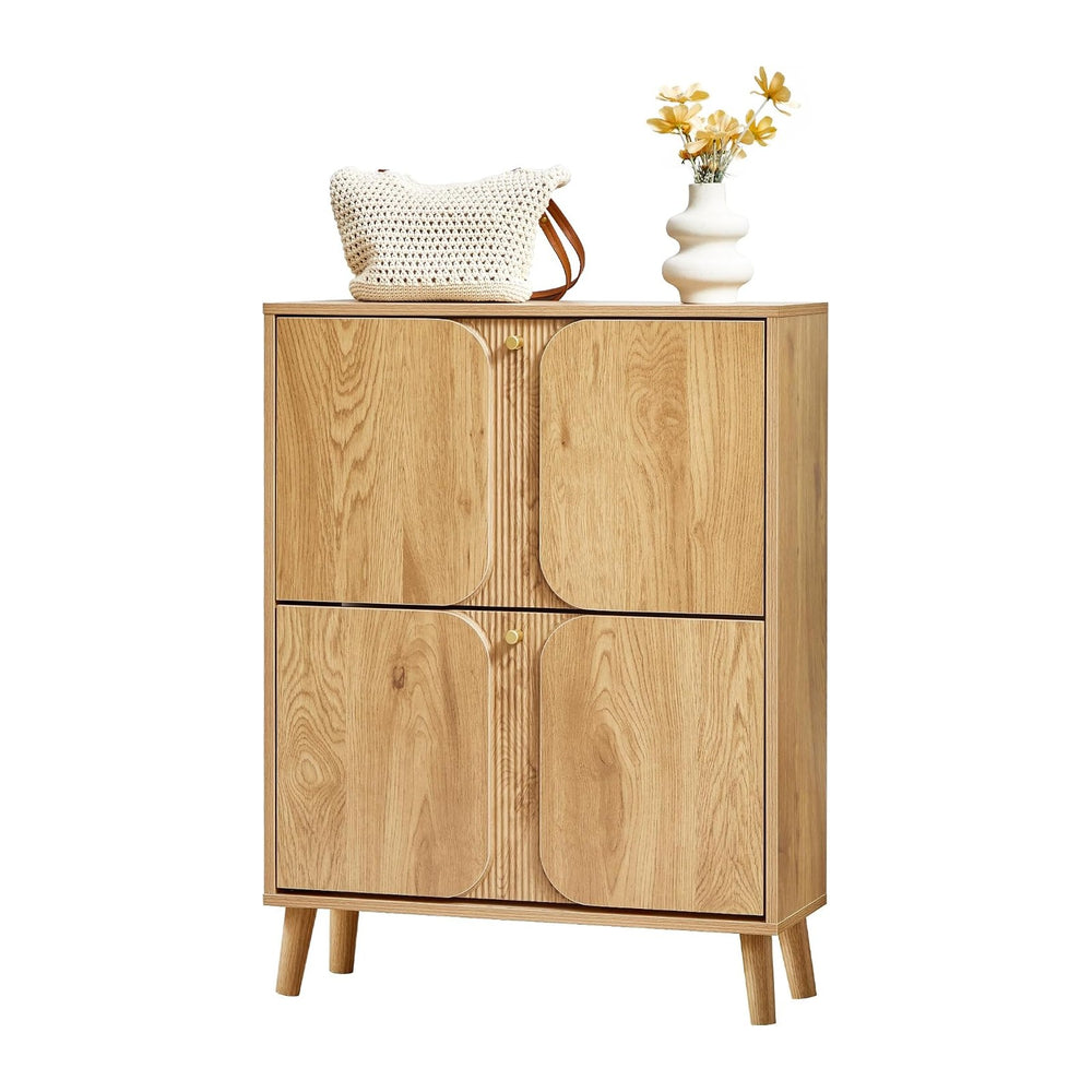 BERRYMERRY Natural Shoe Cabinet with 2 Flip Drawers Fluted Recessed