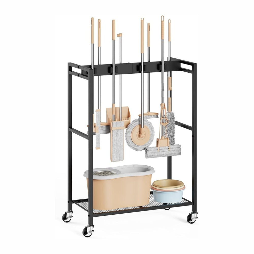BORISI Broom And Mop Holder, Movable Broom Closet Storage Cabinet, Cleaning Cart