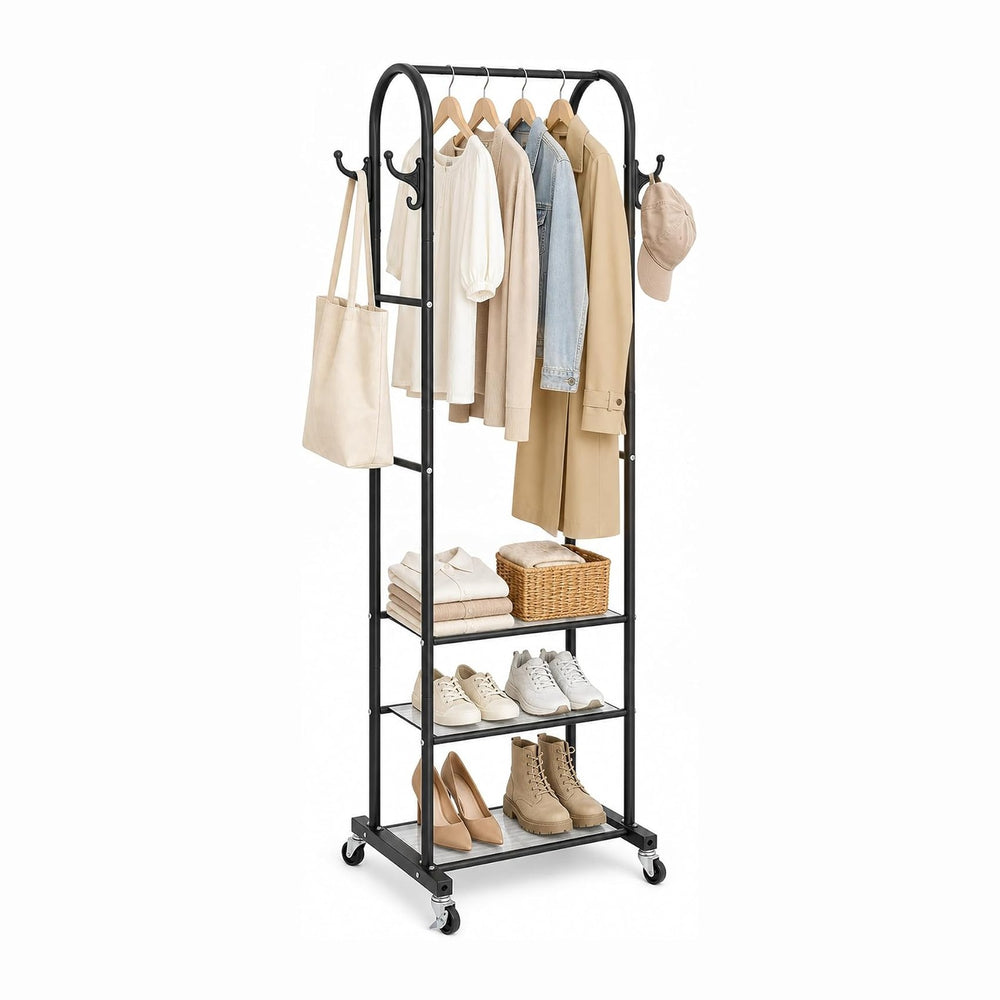 Cesun Small Clothes Rack with 3-Tier Mesh Shelves & 8 Hooks, Black