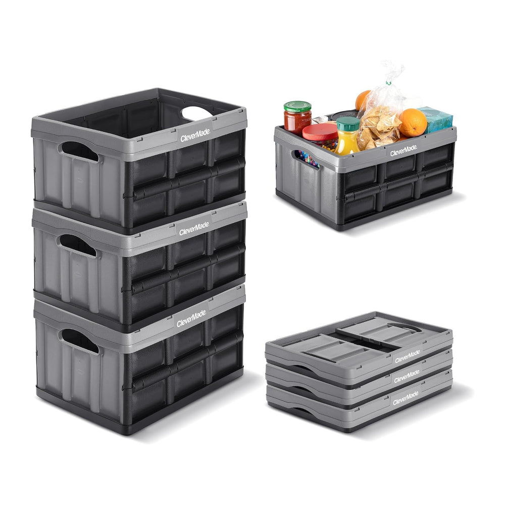 CleverMade Collapsible Storage Bins, 32L 3 Pack, 66 lb Stackable, Stone