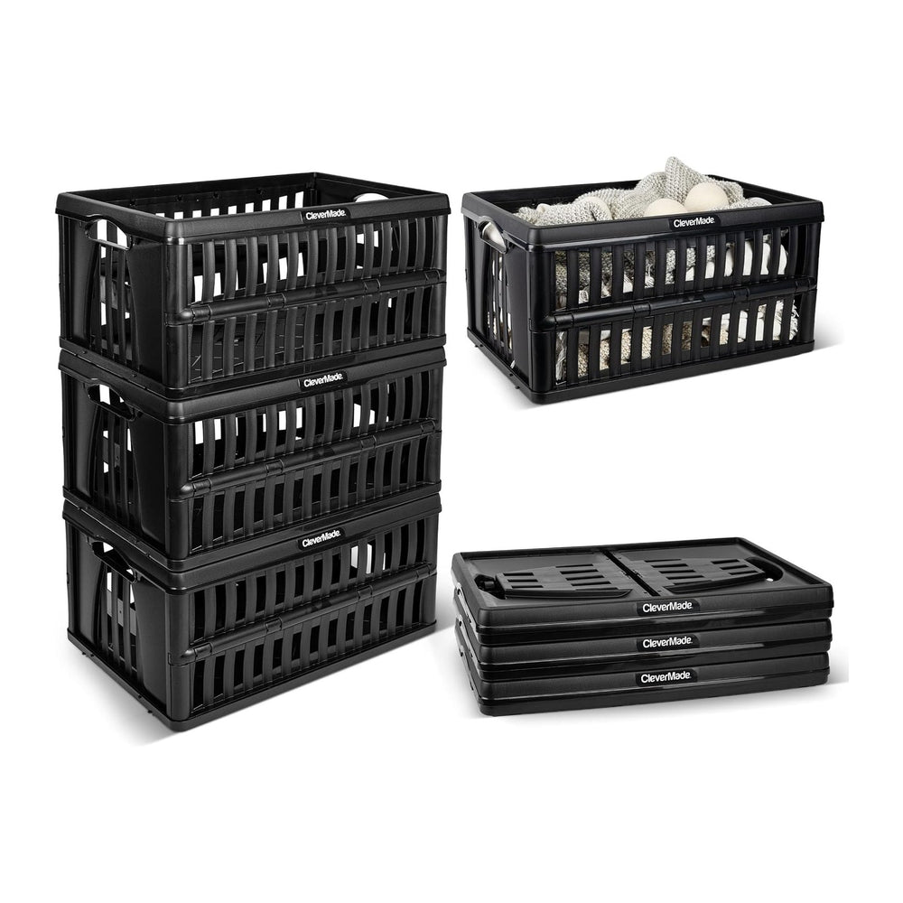 CleverMade Collapsible Utility Crates, 60L Storage Crate, 3 Pack, Obsidian