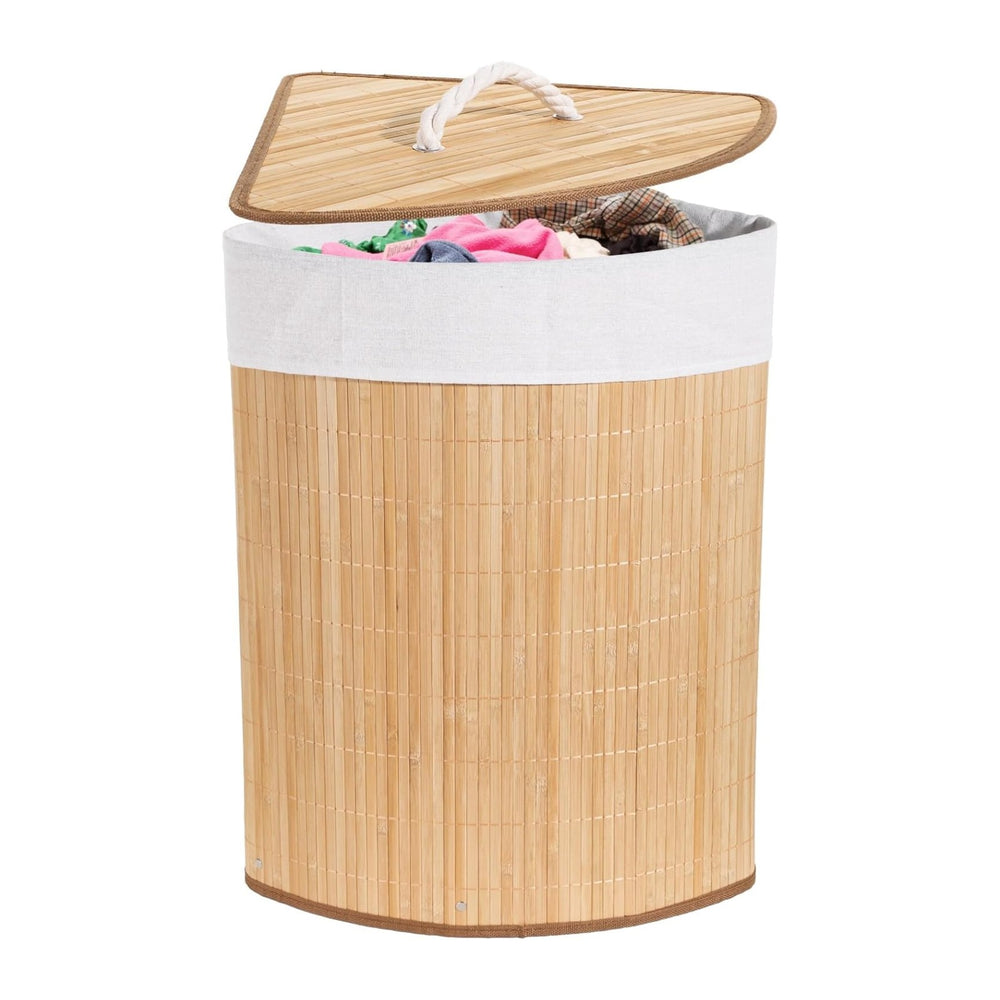 Corner Laundry Hamper with Lid, Foldable Triangle Clothes Hamper, Natural Woo...
