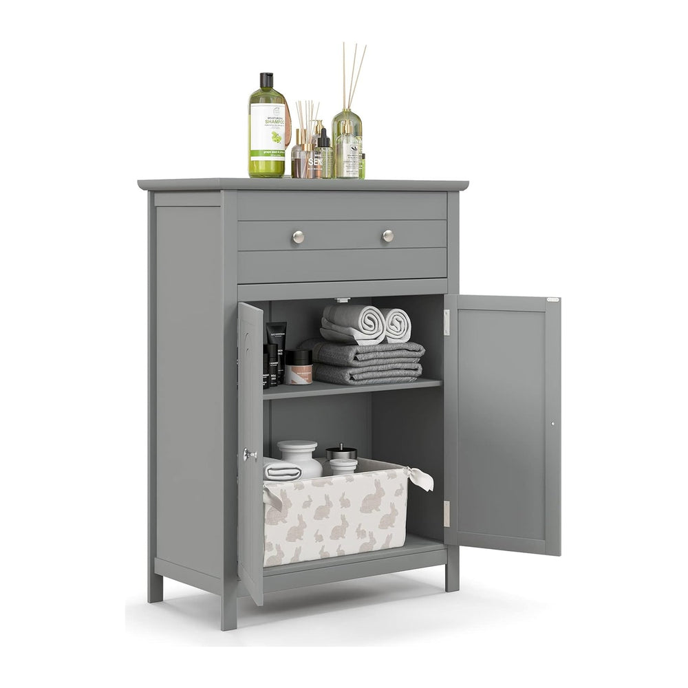 COSTWAY Bathroom Floor Cabinet, Wooden Side Storage Organizer (Grey)