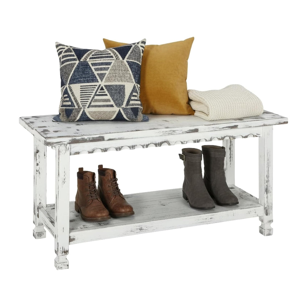 Country Cottage 36-Inch Farmhouse Entryway Bench with Storage Shelf – Solid P...