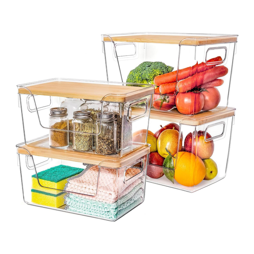 Criusia 2 Large and 2 Small Pantry Organizers and Storage with Bamboo Lids, S...