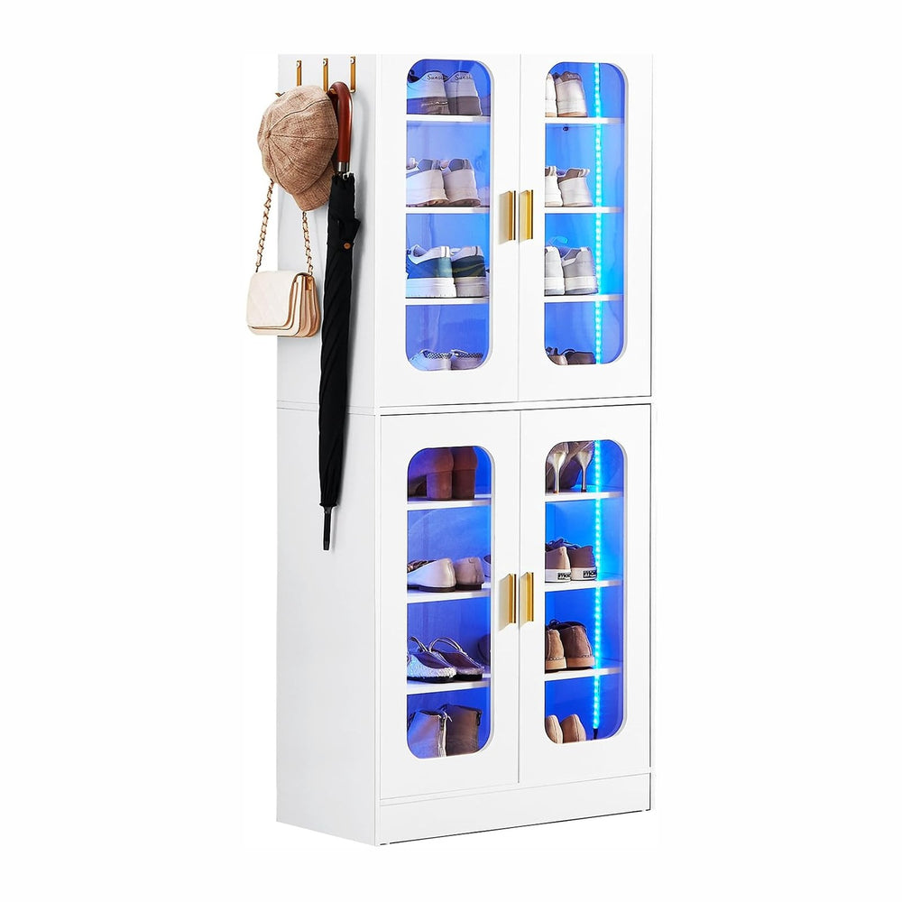 Cyclysio Tall LED Shoe Cabinet with Adjustable Shelves, White