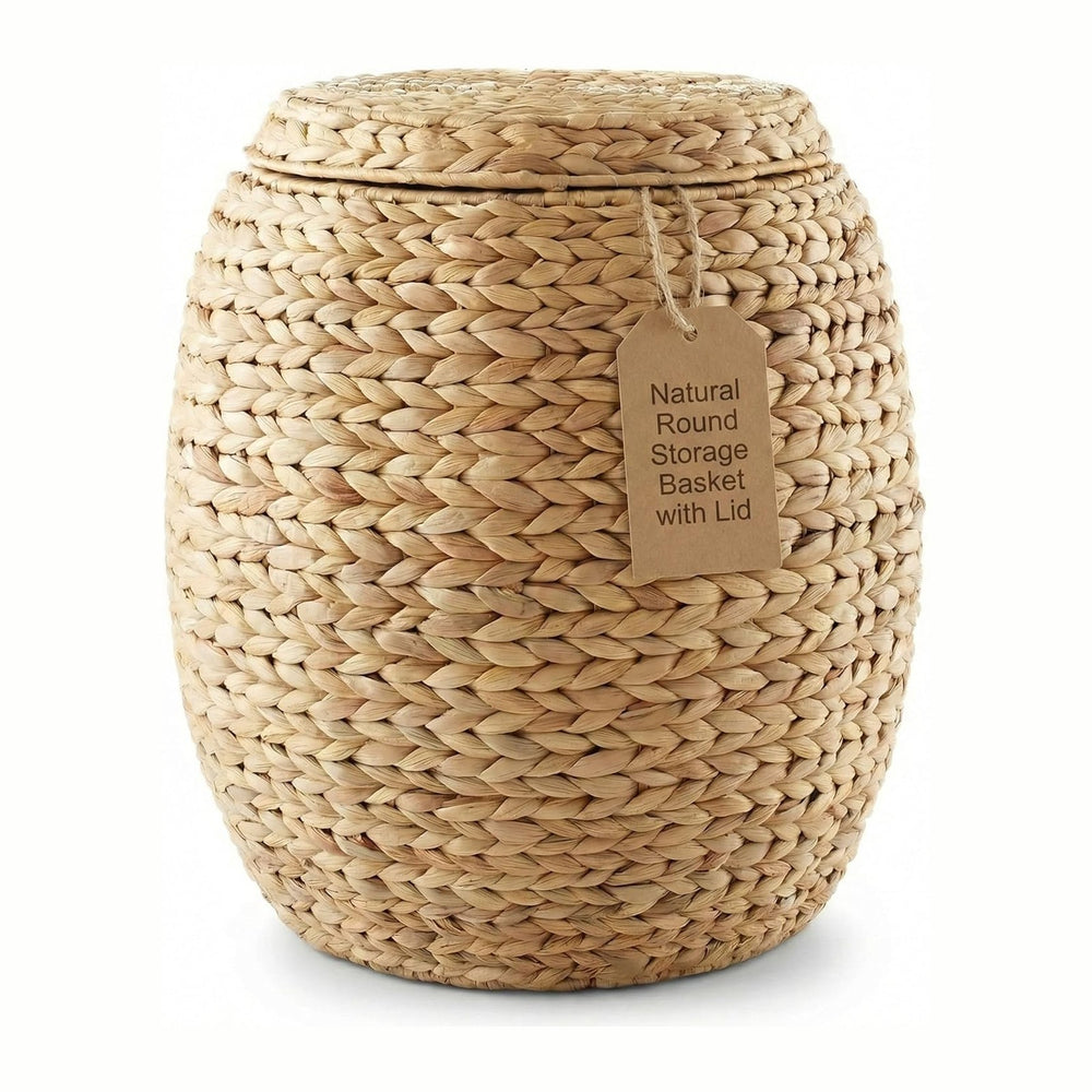 DEILSY™ Natural Round Water Hyacinth Storage Basket with Lid - Multipurpose W...
