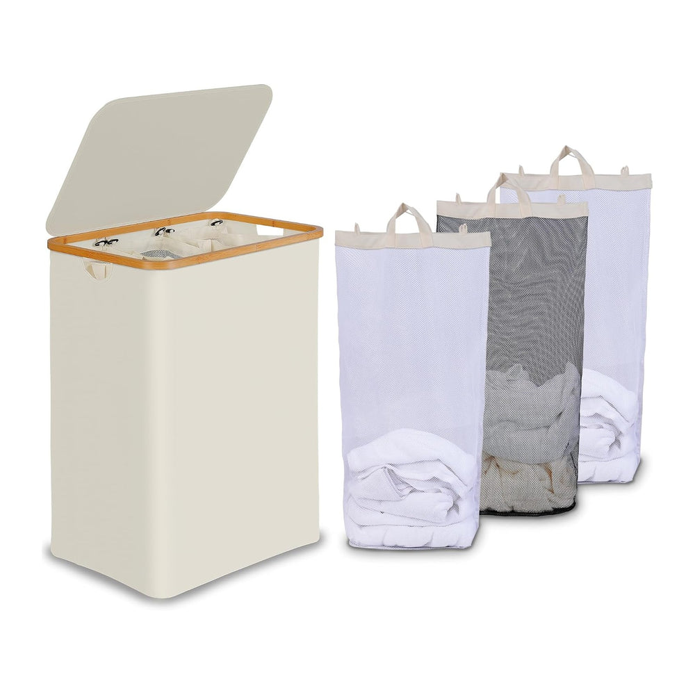 efluky Laundry Hamper 3 Section with lid and 3 Removable Bags, Beige