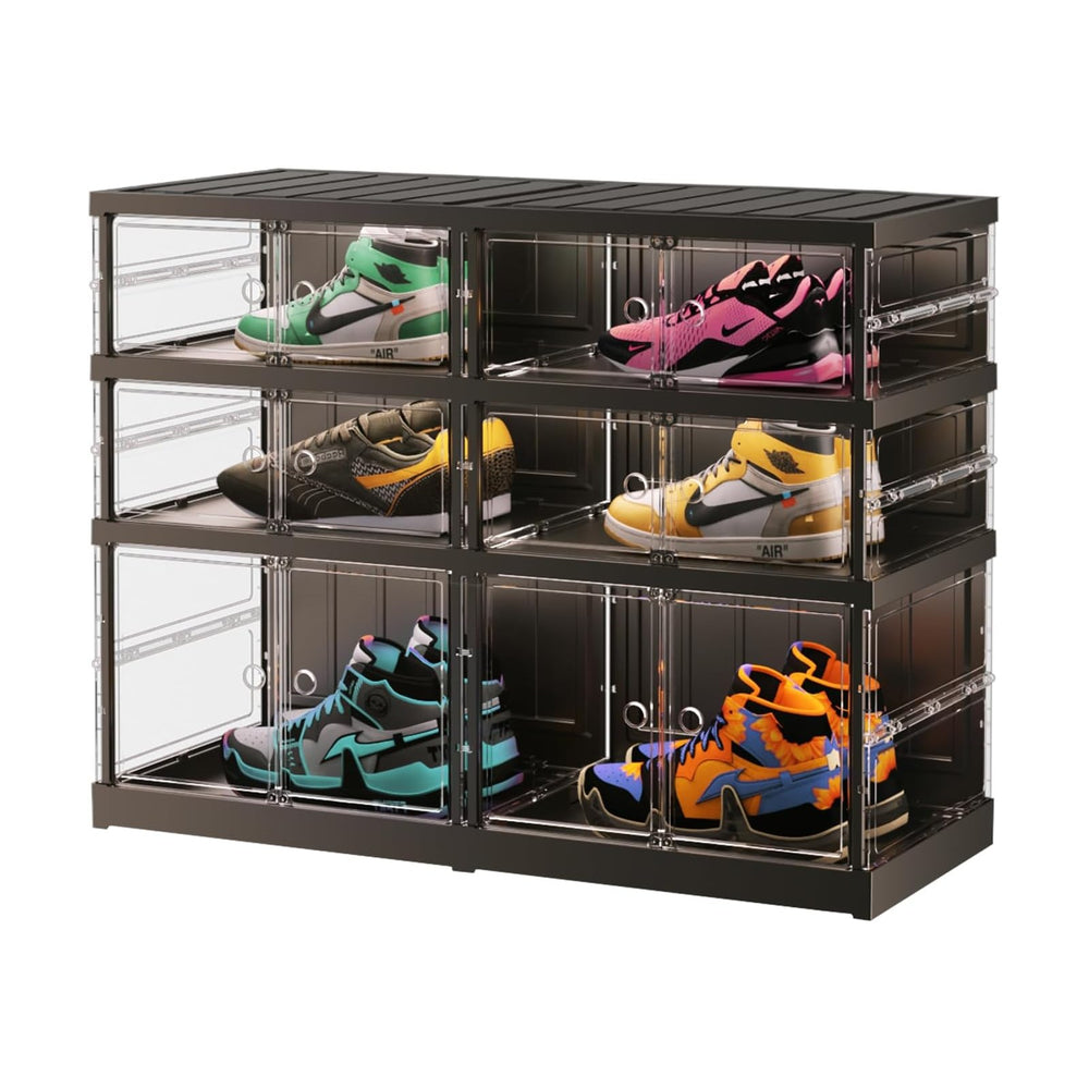 EHAMILY 3-Tier Foldable Shoe Rack, Magnetic Clear Doors, 12 Pairs, Black