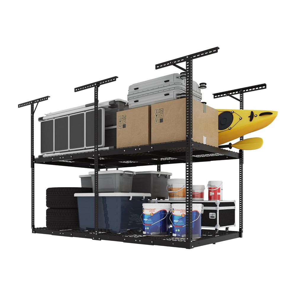 FLEXIMOUNTS 4x8 2-Tier Overhead Ceiling Garage Storage Rack, Black