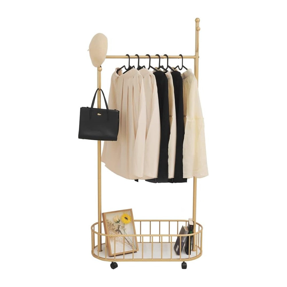 Gold Clothing Rack with Wheels Rolling Clothes Rack with Storage Basket Metal...