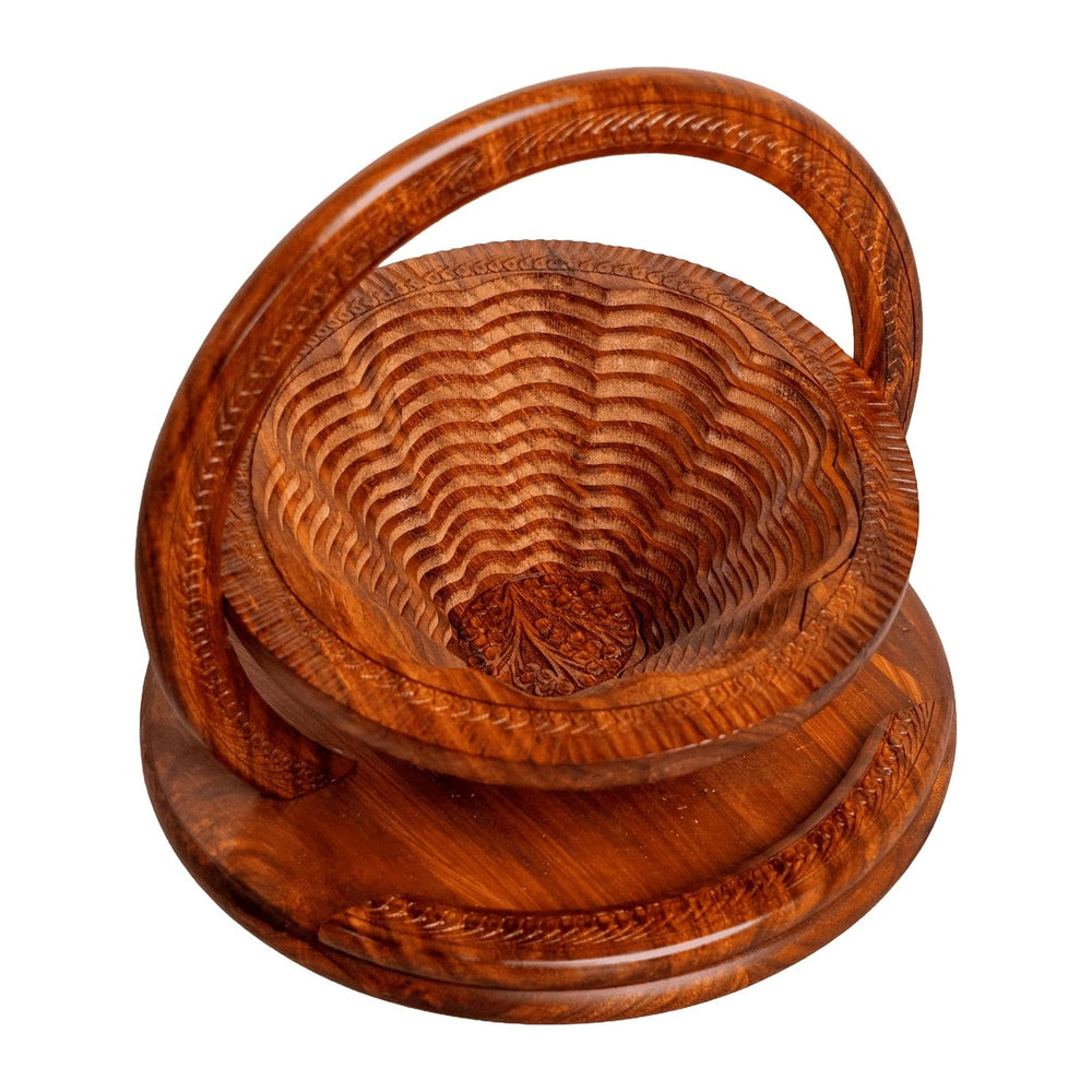Handmade 12″ Collapsible Wooden Basket, Single Bowl Flower Design in Himalaya...