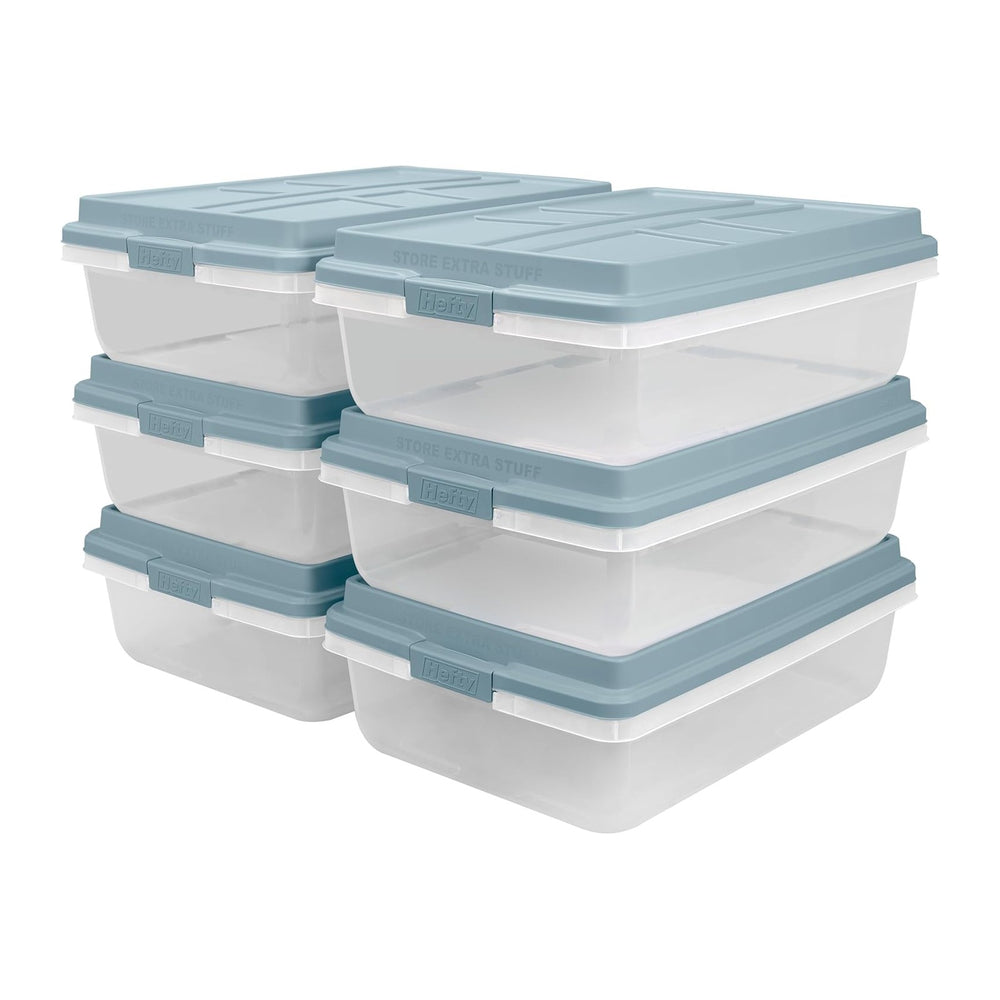 Hefty Hi-Rise Storage Bin with Lid, 40 Quart, Smoke Blue, 6 Pack